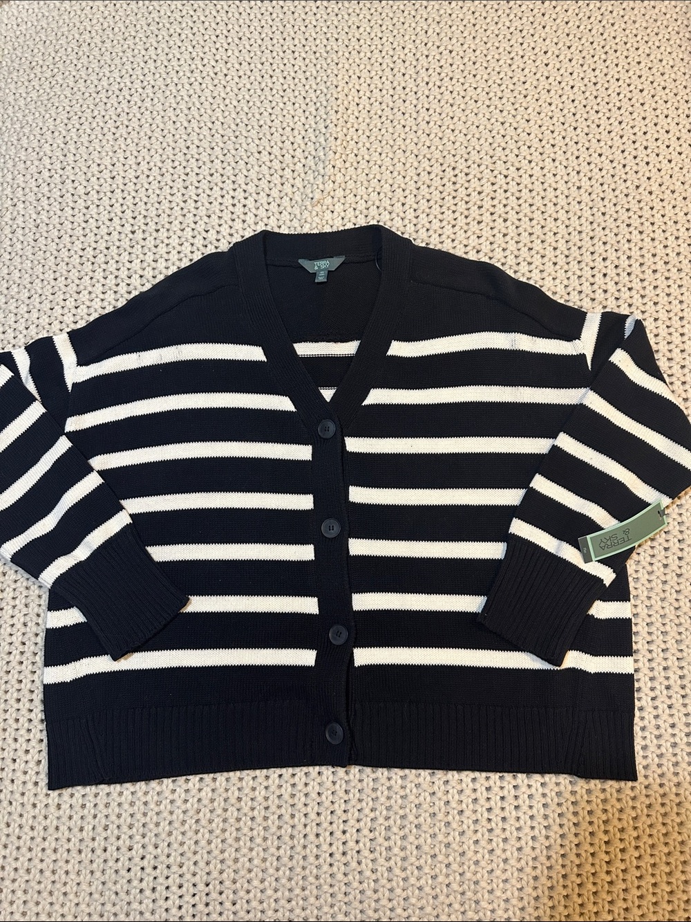 NWT Terra & Sky Black and White Striped V-Neck Button Cardigan